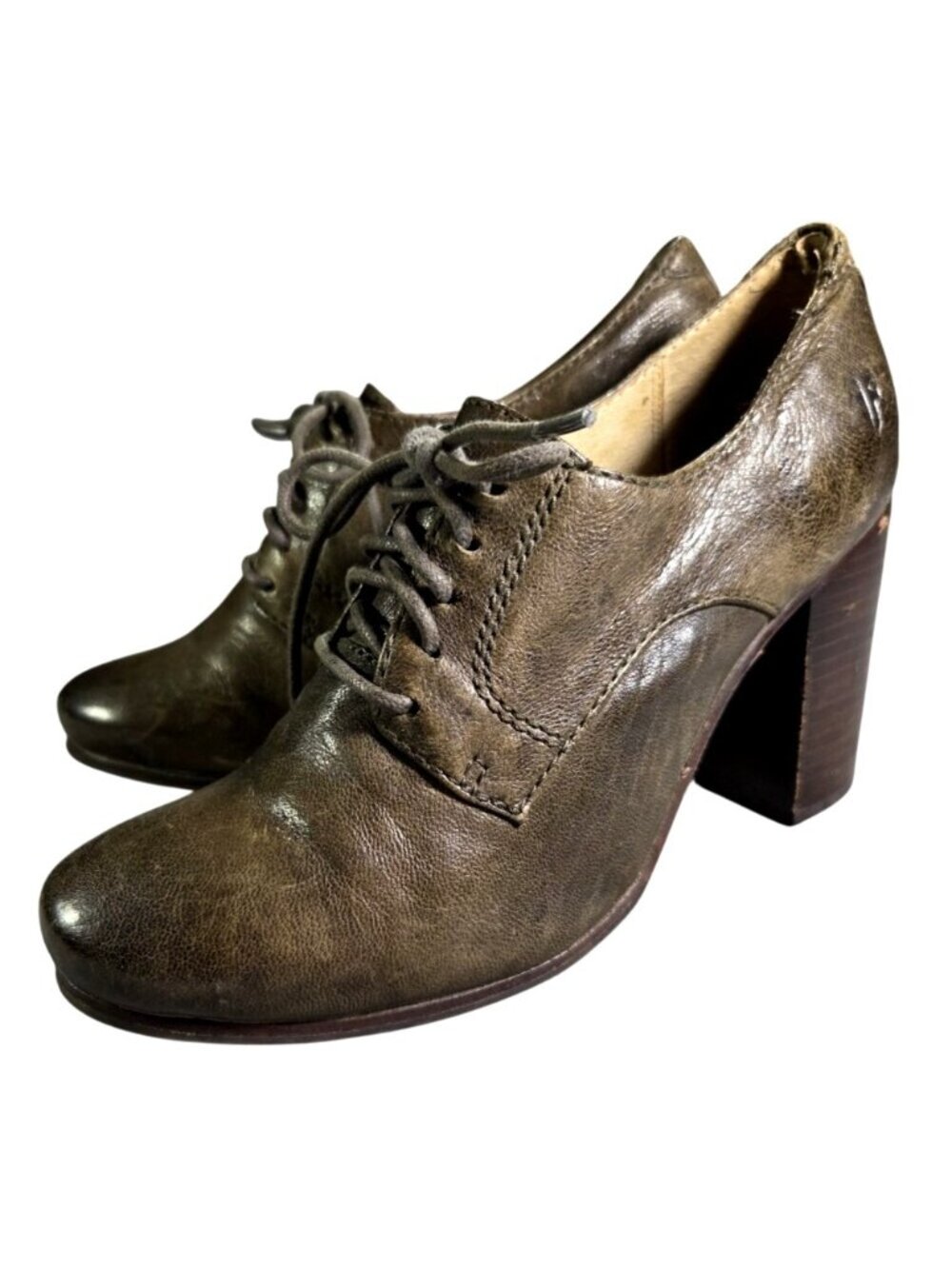 Frye Carson Oxford Heels Womens 7.5 Antique Brown Leather Lace Up Block Heel Y2K